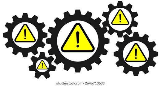 Danger or defect system vector with warning triangle and gear mechanism, ideal for illustrating defect system alerts, machinery failure, or industrial hazard notifications.