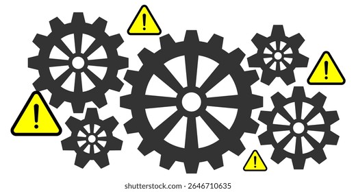Danger or defect system vector with warning triangle and gear mechanism, ideal for illustrating defect system alerts, machinery failure, or industrial hazard notifications.