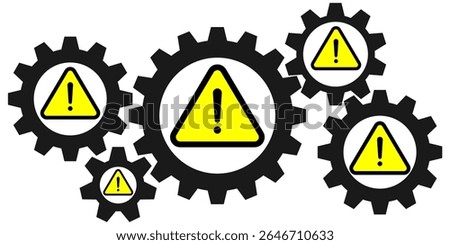 Danger or defect system vector with warning triangle and gear mechanism, ideal for illustrating defect system alerts, machinery failure, or industrial hazard notifications.