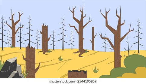 Peligro de deforestación ilustración plana. Problemas de contaminación tóxica. Árboles desnudos muertos en el fondo de dibujos animados 2D del paisaje del bosque dañado. Consecuencias de la crisis climática mundial en el escenario de la Imagen del Vector