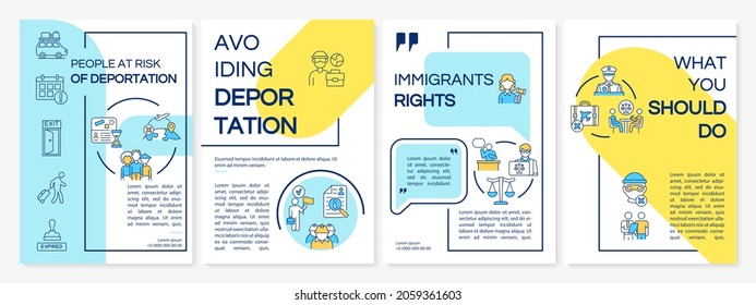 Plantilla de folleto sobre peligro de deportación. Evitar la salida. Volante, folleto, folleto impreso, diseño de portada con iconos lineales. Diseños vectoriales para presentación, informes anuales, páginas publicitarias