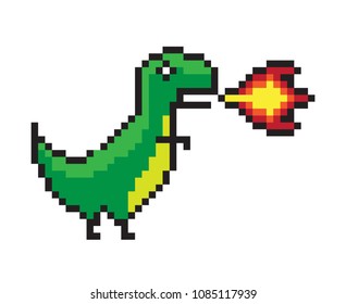 Danger dinosaur making a flame, color pixel banner isolated on white background, green wild animal, dot fire vector illustration, abstract dino