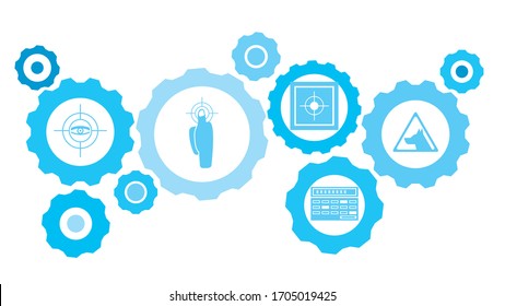 Danger dog sign warning gear blue icon set. Abstract background with connected gears and icons for logistic, service, shipping, distribution, transport, market, communicate concepts