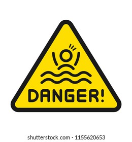 Danger Of Drowning Triangle Sign.  Simple design, stroke outline style. Line vector. Isolate on yellow background.