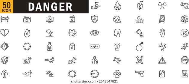 Conjunto de iconos de contorno editable de peligro. Peligro, peligro biológico, tóxico, advertencia, riesgo, explosivo y más.