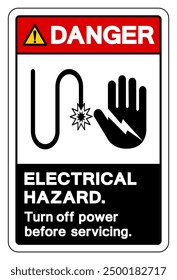 Gefahr Elektrische Gefahr Schalten Sie den Strom vor der Wartung Symbol Zeichen, Vektorgrafik einzeln auf weißem Hintergrund Label .EPS10