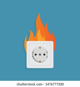 Danger of electrical short circuit, fire and electrical outlet with blue background flat design vector illustration