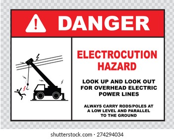 danger electrocution hazard or electrical safety sign (look up and look out for overhead electric power lines, carry rods/poles) 