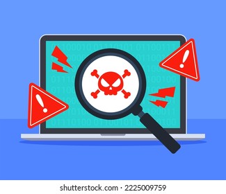 Danger error detection warning on laptop. Concept of computer vulnerability, system problem, hacking, cyber security threat, or cybercrime. Flat cartoon vector icon design. Technology illustration.