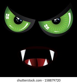 Danger evil face with green eyes and fangs on black background.