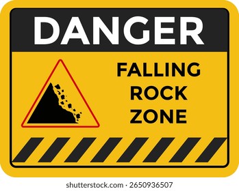 Sinal de perigo de queda de zona de rocha. Sinais de perigo. Aviso de sinalética caindo pedras. Sinais de triângulo amarelo. Sinal de estrada Cuidado deslizamento de terra
