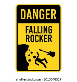 DANGER, FALLING ROCKER. Humorous funny sign. Isolated graphic on yellow background. Scalable EPS 10 vector graphic ideal for poster, postcard, print apparels.