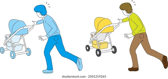 Danger! Father chasing after his baby with a stroller