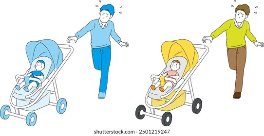 Danger! Father chasing after a stroller that has become detached from his hand