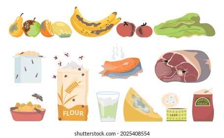 Danger food rotten poison set with flat isolated icons of expired products with mould and insects vector illustration