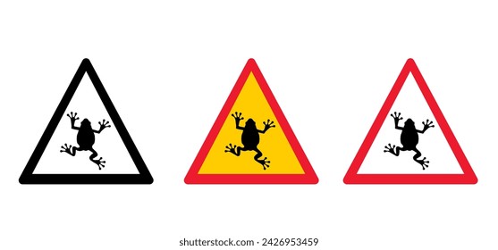 Aviso de peligro de cruzar la carretera, señal de tráfico. Vector de rana de sapo grande. Ranas, cuidado, cruzando la carretera. Reptile de dibujos animados. Icono de anfibio de atención