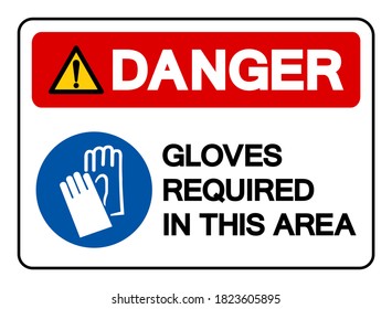 In diesem Bereich benötigte Gefahren-Handschuhe mit Symbolzeichen, Vektorgrafik, einzeln auf weißem Hintergrund .EPS10