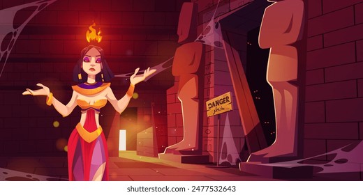 Danger goddess in abandoned ancient temple. Pyramid interior with brick wall and god inside. Powerful mysterious woman and haunted monster eyes in dark tunnel. Magic creature in old dungeon with flame