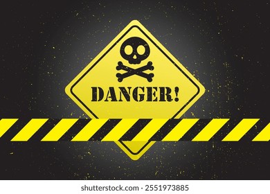 Danger grunge background, black skull with bones, warning placard, caution banner, yellow and black design, vector illustration