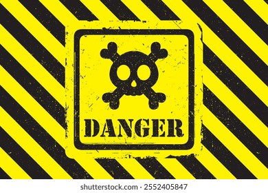 Danger grunge background, black skull with bones, Warning placard, attention, beaware. yellow and black horizontal banner. vector illustration