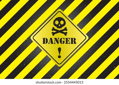 Danger grunge background,black skull with bones, warning poster, yellow and black vector illustration