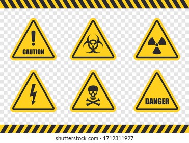 Danger grunge vector signs. Hazard warning attention sign with exclamation mark symbol. Radiation,  biohazard, toxic and poison symbol.