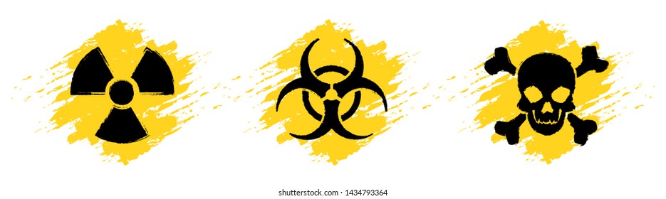 Danger grunge vector signs. Radiation sign, Biohazard sign, Toxic sign, Poison sign.