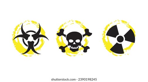 Peligro grunge señales vectoriales. Signo de radiación, signo de Biopeligro, signo tóxico, signo de veneno