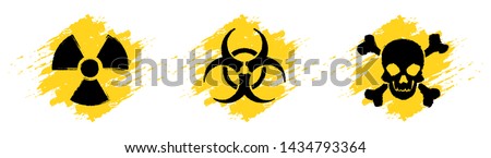 Danger grunge vector signs. Radiation sign, Biohazard sign, Toxic sign, Poison sign.