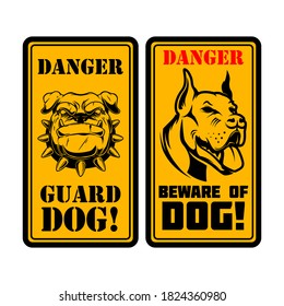 Danger. Guard dog. Beware of the dog. Sign with with angry dog head. Design element for poster,card, banner, sign, emblem. Vector illustration