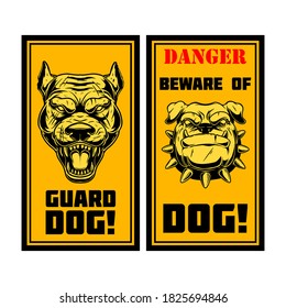 Danger. Guard dog. Beware of the dog. Sign with with angry dog head. Design element for poster,card, banner, sign, emblem. Vector illustration