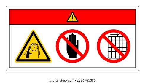Gefährdung Hand-Veranglement-Roller nicht berühren und entfernen Sie nicht die Markierung des Guard-Symbols, Vektorgrafik, isoliert auf weißem Hintergrund .EPS10