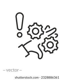 peligro para el icono de las manos, adentrarse en los engranajes, atención, daño a los dedos, símbolo de línea delgada - ilustración del vector de trazo editable