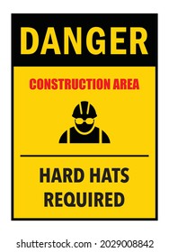 Danger hard hats required construction site notice with black symbol vector illustration isolated on yellow background