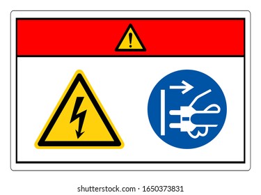 Danger Hazardous Voltage Disconnect Mains Plug From Electrical Outlet Symbol Sign, Vector Illustration, Isolate On White Background Label. EPS10