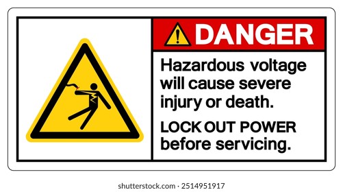 Gefahr Gefährliche Spannung wird schwere Verletzungen oder Tod verursachen Symbol-Zeichen, Vektorgrafik, Isolierung auf weißem Hintergrund Label.EPS10