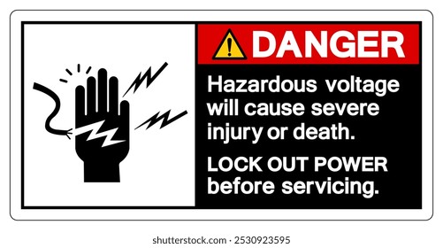 Gefahr Gefährliche Spannung wird schwere Verletzungen oder Tod verursachen Symbol-Zeichen, Vektorgrafik, Isolierung auf weißem Hintergrund Label.EPS10