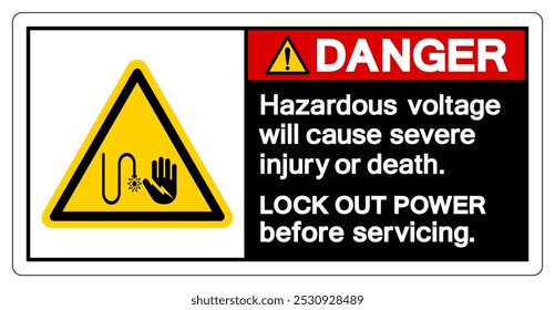 Gefahr Gefährliche Spannung wird schwere Verletzungen oder Tod verursachen Symbol-Zeichen, Vektorgrafik, Isolierung auf weißem Hintergrund Label.EPS10