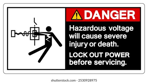 Gefahr Gefährliche Spannung wird schwere Verletzungen oder Tod verursachen Symbol-Zeichen, Vektorgrafik, Isolierung auf weißem Hintergrund Label.EPS10