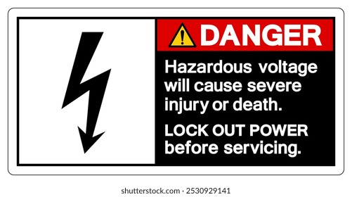 Gefahr Gefährliche Spannung wird schwere Verletzungen oder Tod verursachen Symbol-Zeichen, Vektorgrafik, Isolierung auf weißem Hintergrund Label.EPS10