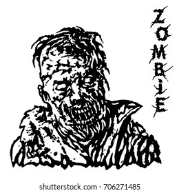 Danger head of zombie. Vector illustration. Black and white colors. Genre of horror.