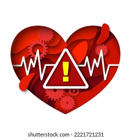 Peligro del vector de alerta de ataque cardíaco. Cardiología, medicina y salud papel de corte ilustrativo. Concepto del Día Mundial del Corazón para el diseño de pancartas o afiches médicos. Enfermedad cardiovascular
