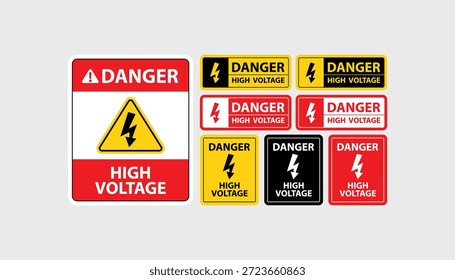 Danger high voltage warning labels with lightning bolt symbols are shown in multiple color variations on a light background, designed for electrical safety signage, industrial equipment, training materials, and workplace communication.