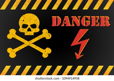 Danger high voltage. Warning sign with skull pattern and arrow. Vector illustration.