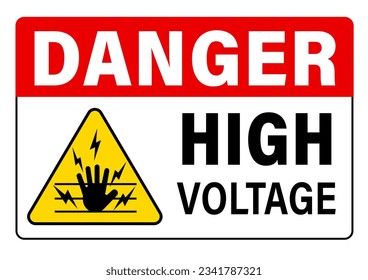 Danger, high voltage. Warning sign with text and a silhouette of a hand touching electric wires inside a yellow triangle sign.