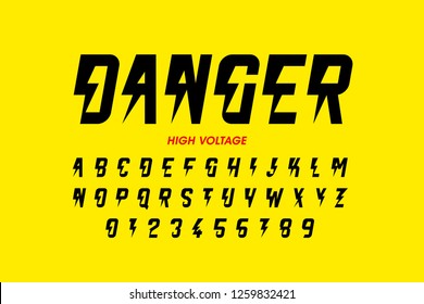 Danger! Hight voltage style font design, alphabet letters and numbers vector illustration