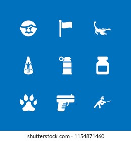 danger icon. 9 danger set with scorpion, ufo, flag signal in black cloth on a pole and drunk vector icons for web and mobile app