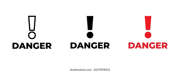 Danger icon. Bold exclamation mark with the word DANGER vector illustration. Indicates hazard, alert or critical warning. Used in emergency signage and safety labels.