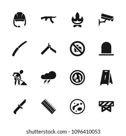 Danger icon. collection of 16 danger filled icons such as thunder, siren, barrier, bllade razor, wet floor, bonfire, gardening knife. editable danger icons for web and mobile.