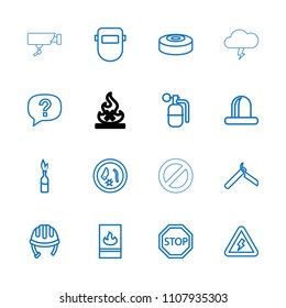 Danger icon. collection of 16 danger outline icons such as helmet, bllade razor, welder mask, microorganism, exclamation, siren. editable danger icons for web and mobile.